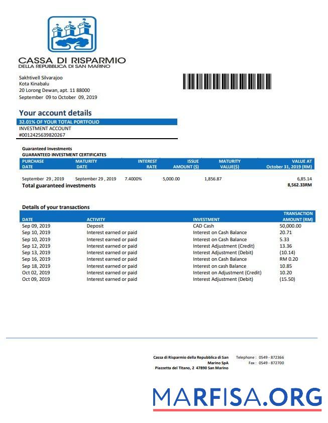 Printable San Marino Cassa di Risparmio bank statement word example